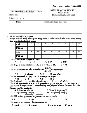 Kiểm tra cuối học kì I môn Toán Lớp 9 - Năm 2022-2023 (Có đáp án)
